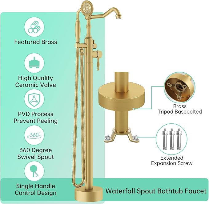Hoimpro Free Standing Tub Faucet Freestanding Tub Filler Bathtub Faucet Stand - Image 6