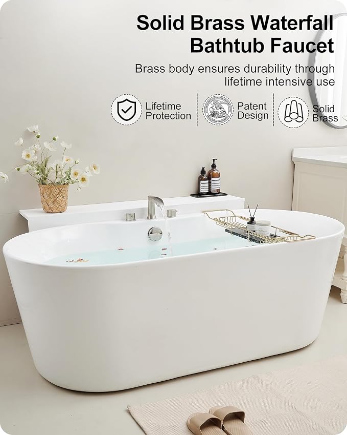 Brass Roman Bathtub Faucet Brushed Nickel, Waterfall High Flow Bath Tub Faucet - Image 2