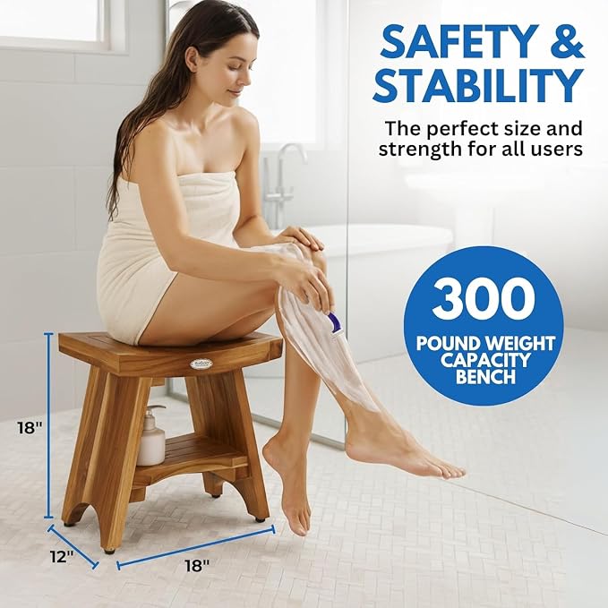 EcoDecors Teak Shower Bench 18", 300 lb Capacity – Waterproof Wood Bath Seat - Image 2