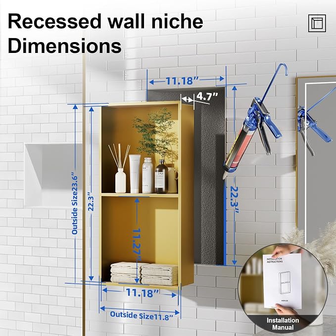 Bathbliss Shower Niche, No‑Tile Recessed Wall Niche, 11.18"x22.3" SUS304 - Image 2