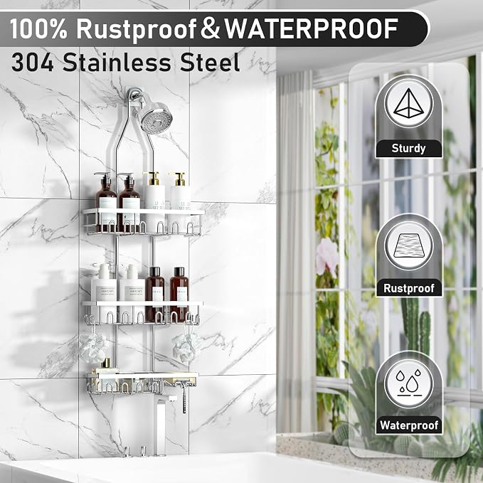 Shower Caddy, Rustproof Shower Shelves Over Shower Head, Triple Adjustable - Image 2
