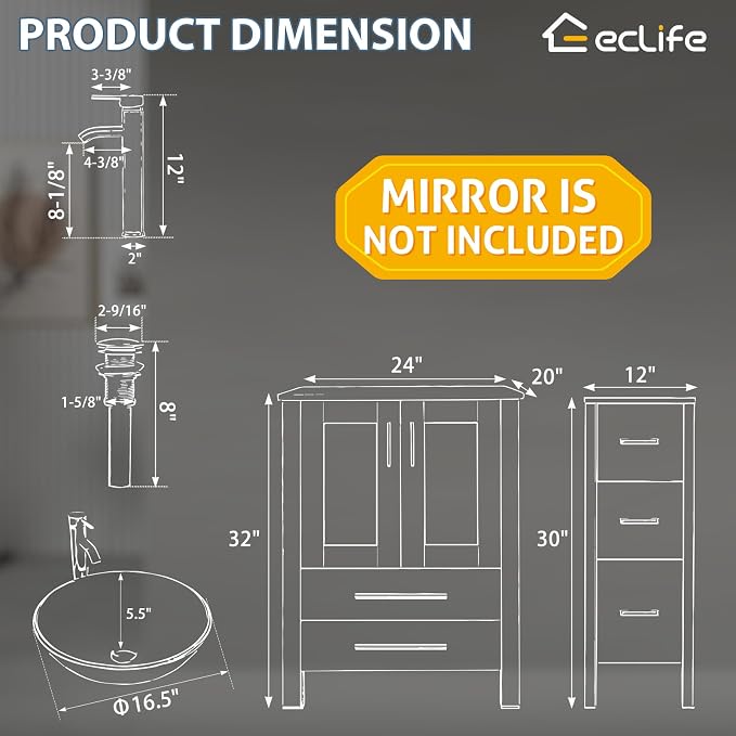 eclife 24" Modern Bathroom Vanity Sink Combo Freestanding Cabinet - Image 3