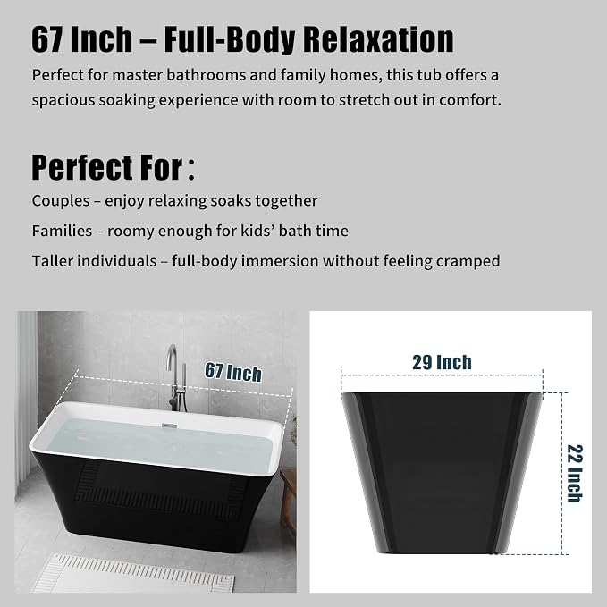 67 Inch Freestanding Acrylic Bathtub, Modern Black Soaking Tub - Image 2