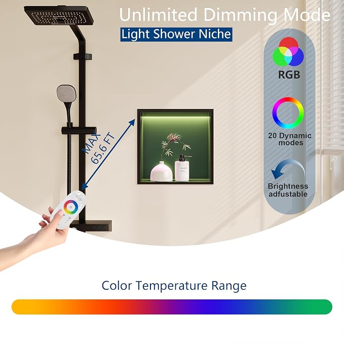 RGB LED Light Shower Niche, Matte Black 12X12 in Stainless Steel Recessed - Image 4