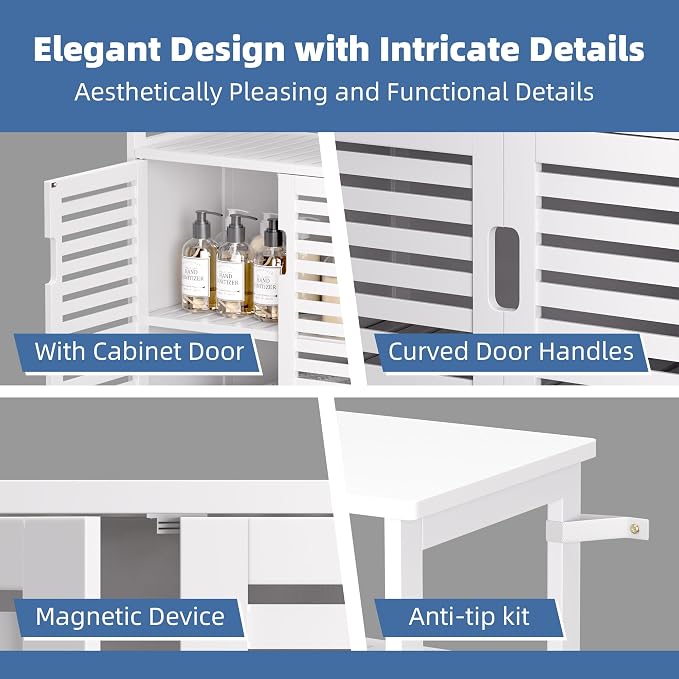 HITNET White Bathroom Cabinet, Bamboo Storage Cabinet Freestanding, Side Tall - Image 7