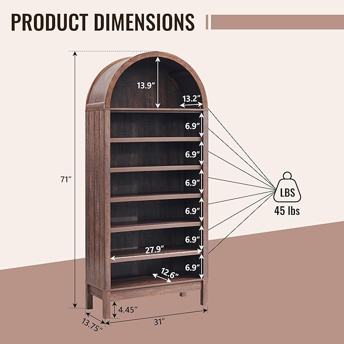 71" Tall Arched Bathroom Storage Cabinet, 7-Tier Modern Farmhouse Storage - Image 2