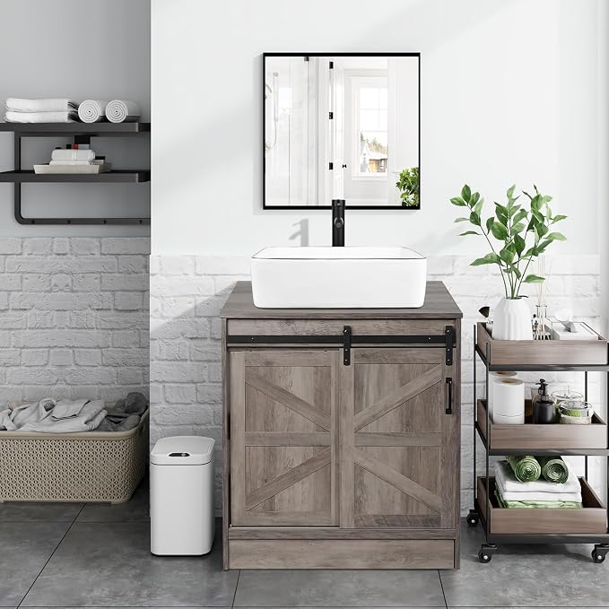 30" Barn Door Bathroom Vanity, Farmhouse Style Standing Pedestal Cabinet - Image 7
