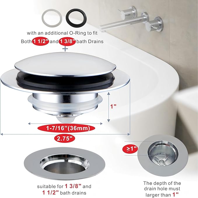 Chrome Plated Universal Tub Dain Stopper, Hidrop Pop Up Bath Drain Tip Toe - Image 2