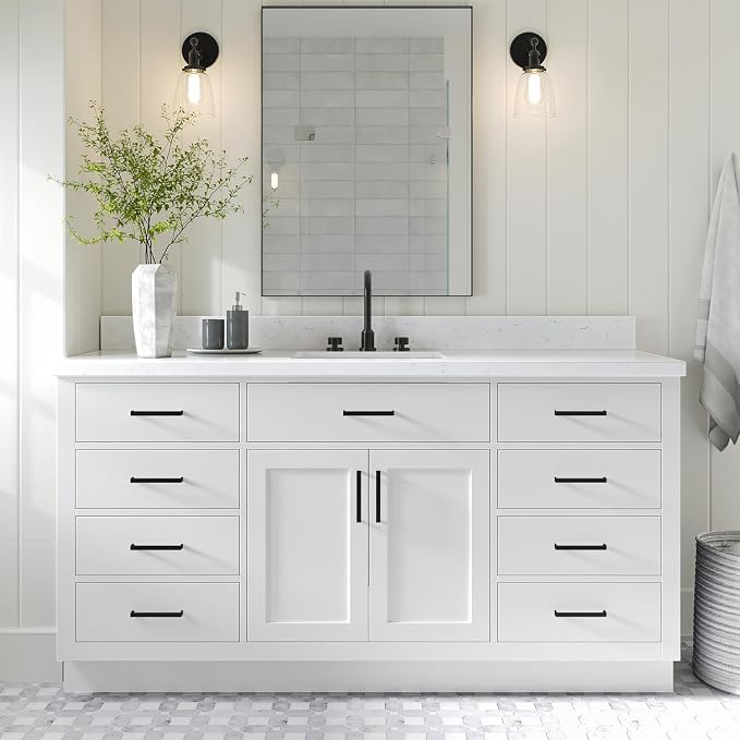 ARIEL Hepburn 66" White Bathroom Vanity, 1.5" Edge Carrara Quartz Countertop & by Ariel