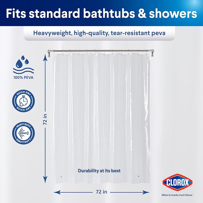 Clorox Shower Curtain Liner, Premium Heavyweight Durable Waterproof 8g PEVA - Image 2