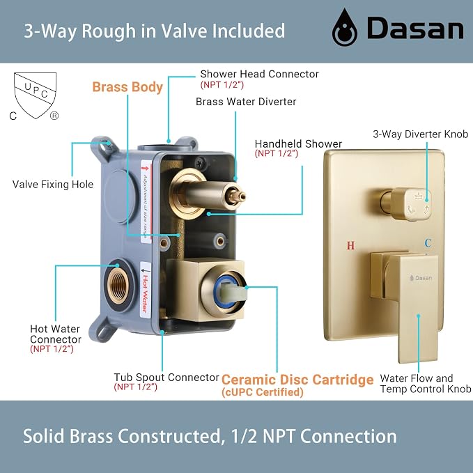 DASAN Tub Shower Faucets Sets Complete Brushed Gold Bathtub Shower System - Image 6