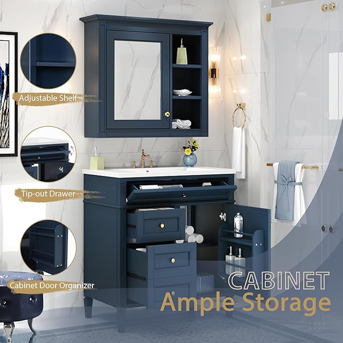 30" Bathroom Vanity with Matching Medicine Cabinet, Modern Sink Storage Cabinet - Image 4