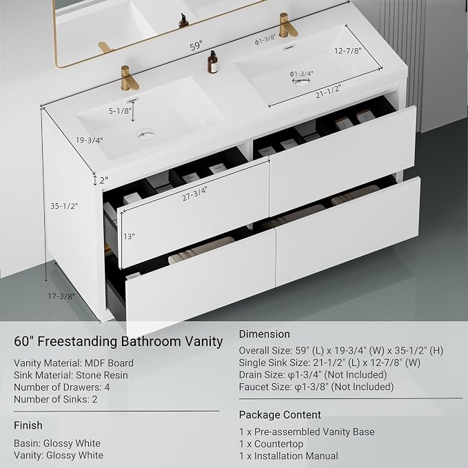 60 Inch Bathroom Vanity with Sink, Double Sink Bathroom Vanity, Freestanding - Image 6
