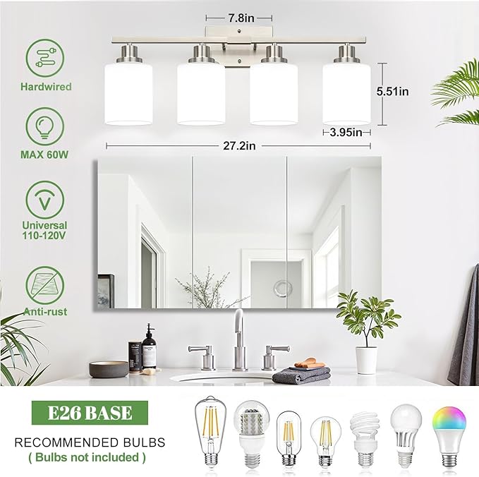 4-Light Vanity Light with Milky White Shades, Brushed Nickel Bathroom Lighting - Image 6