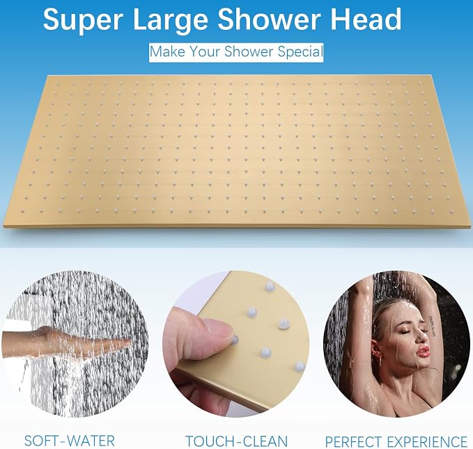 Brushed Gold Rain Shower System Thermostatic Bathroom Faucet Set 16X32 Inch - Image 4