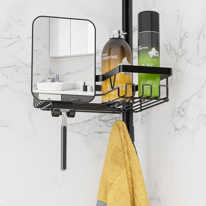 Shower Caddy Tension Pole with Anti-Fog Shaving Mirror, Tension Rod Shower - Image 3