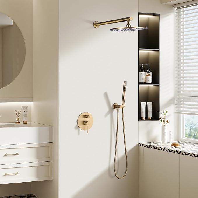 TRUSTMI Brushed Gold Shower System Pressure Balance 10 Inch Rainfall Shower Set - Image 2