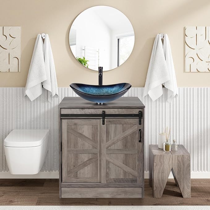 30" Barn Door Bathroom Vanity, Farmhouse Style Standing Pedestal Cabinet by Solidee