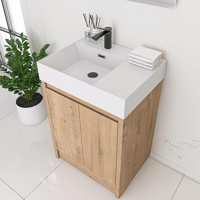 24 Inch Bathroom Vanity with Left Resin Sink, Freestanding Brown Single Sink - Image 6