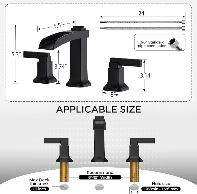 FORIOUS Brass Matte Black Commercial Bathroom Faucets 3 Hole, Waterfall Modern - Image 4