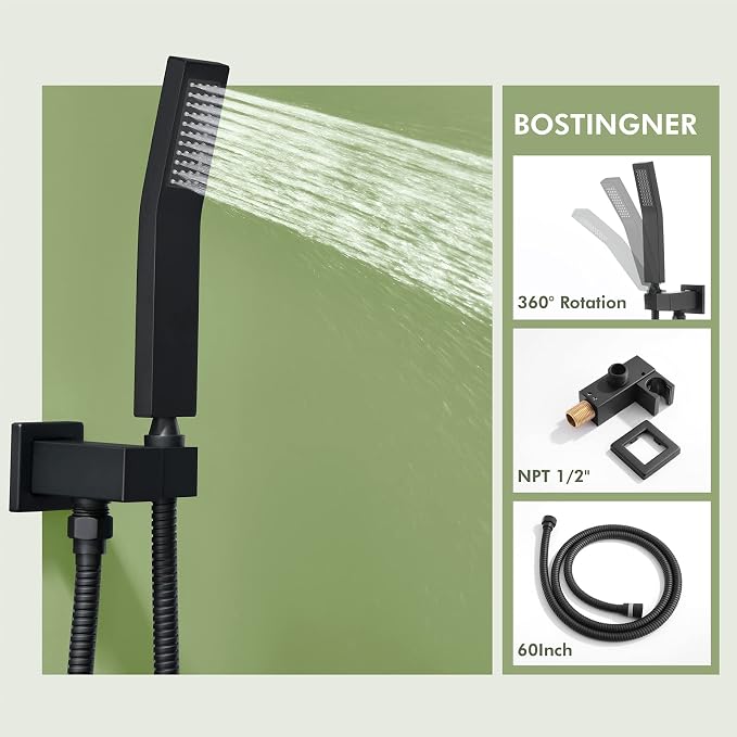 Shower System with Body Jets, Bostingner 3 Way Shower Faucet Set 12" Rain - Image 4