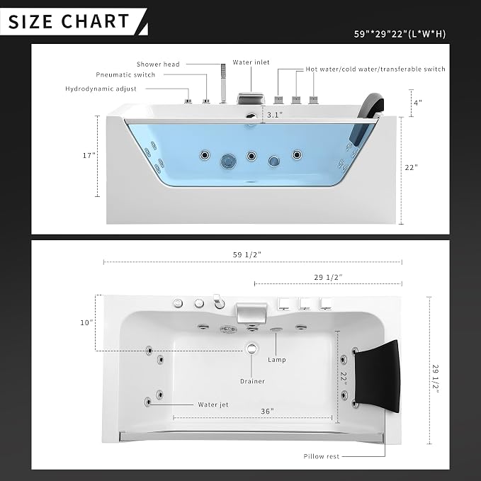 Empava 59 in. Acrylic Alcove Whirlpool Bathtub - Image 3