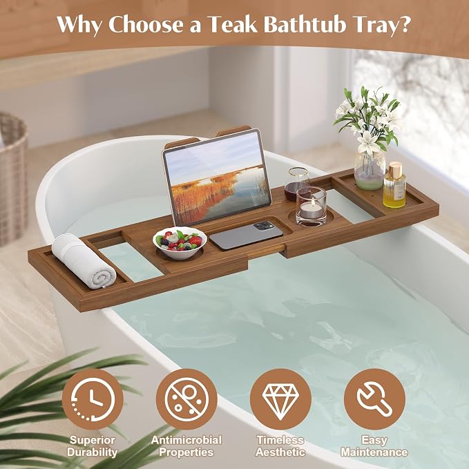 Teak Bathtub Tray, Expandable Wooden Bath Tray - Image 4