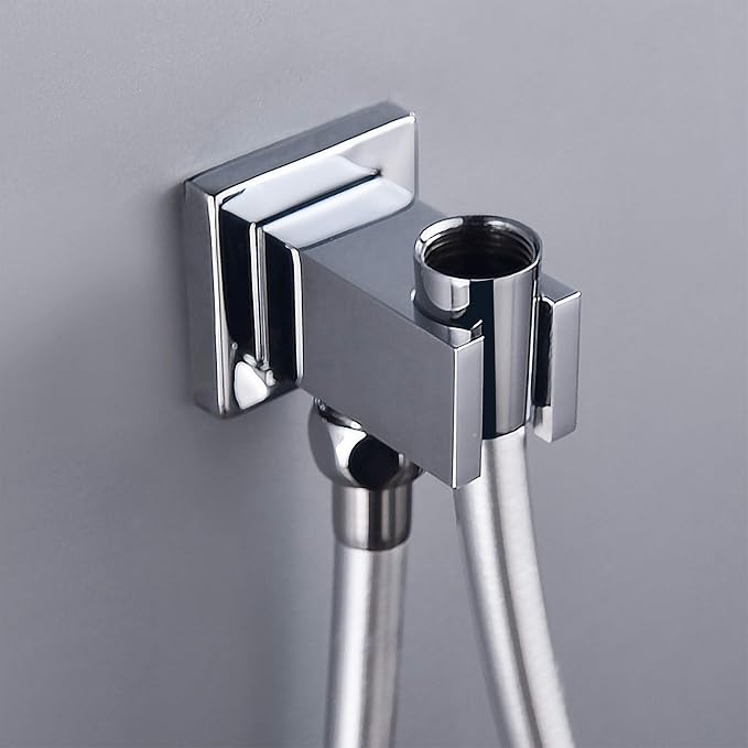 Chrome Wall Supply Elbow with Hand Shower Holder, Keymark Brass Square - Image 6