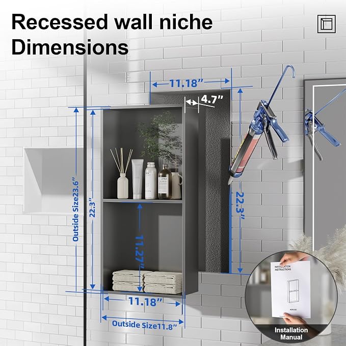 Bathbliss Shower Niche, No‑Tile Recessed Wall Niche, 11.18"x22.3" SUS304 - Image 2