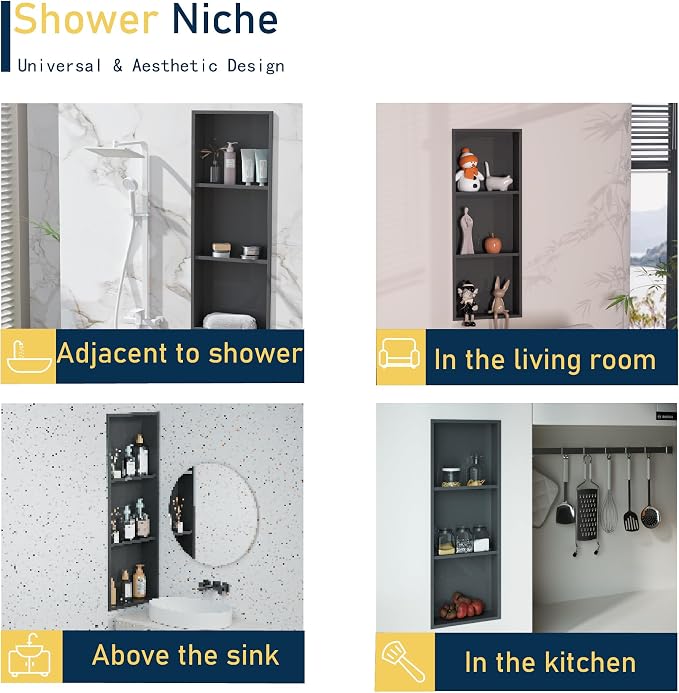 Black Stainless Steel Shower Niche 36" X 12" ，Recessed Shower Shelf - Image 4