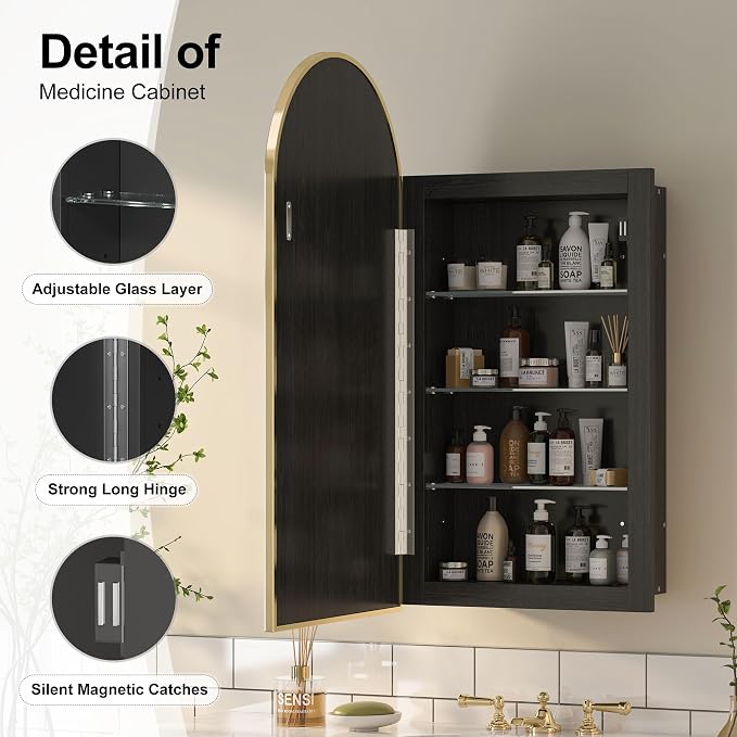 Recessed Medicine Cabinet Mirror, Brushed Brass Gold Arched Medicine Cabinet - Image 6