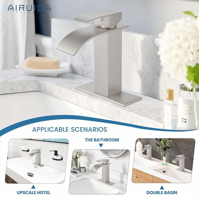 Airuida Waterfall Bathroom Faucet Brushed Nickel Single Handle Single Hole - Image 3