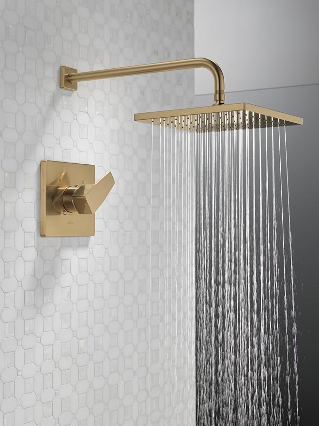 Delta Modern 14 Series Square Rain Shower Faucet Set, Brushed Gold Shower Head - Image 2