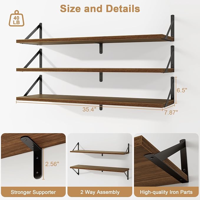 Fun Memories Floating Shelves for Wall, 36 Inches Long Set of 3 Wall Shelves - Image 3