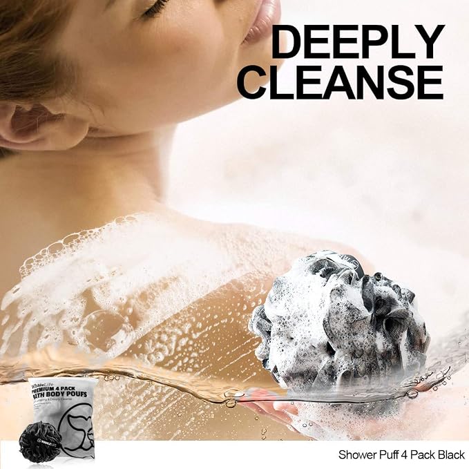 Shower Puff 4 Pack Black Bath Sponge Shower Loofahs Pouf Ball Nature Bamboo - Image 5