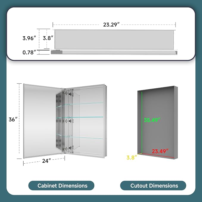 Medicine Cabinet with Mirror 24"x36", Modern Aluminum Medicine Mirror Cabinet - Image 2