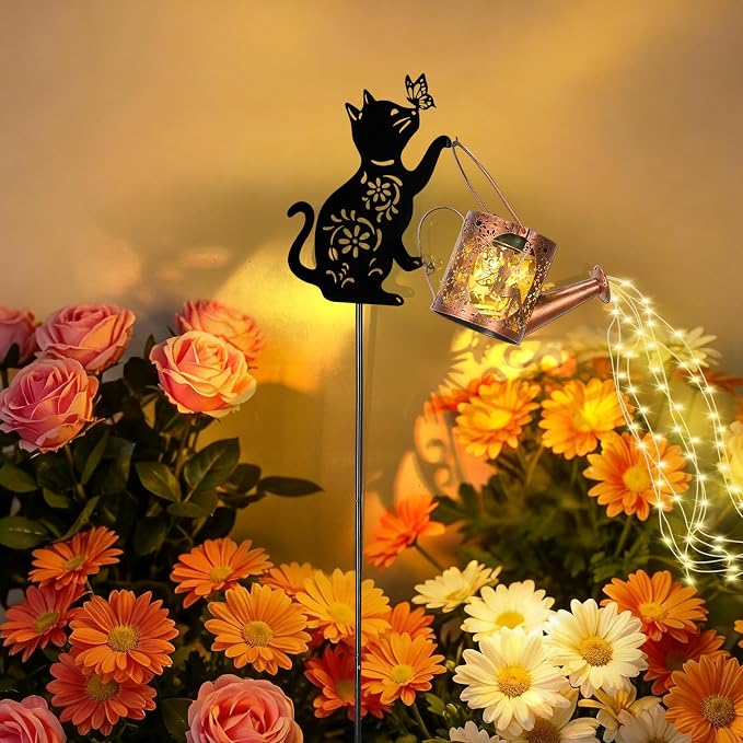 Solar Cat Watering Can Lights, Outdoor Cat Hanging Solar Lights Lantern by CuteDesignHighQuality