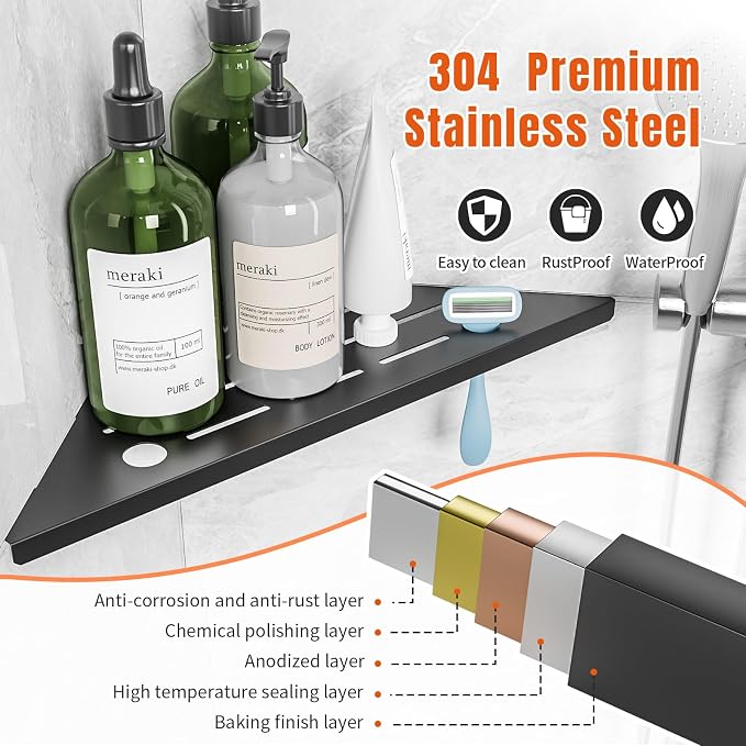 Corner Shower Shelf with Razor Hole, Modern Sturdy Shower Caddy, No Drilling - Image 4