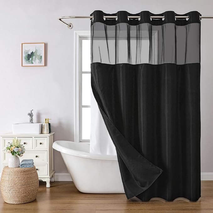 Long No Hooks Needed Linen Textured Shower Curtain by EACHOPE