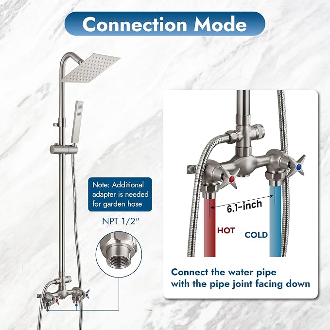 Wall Mounted Outdoor Shower Set Brushed Nickel 6 Inch Square Rainfall Shower - Image 4