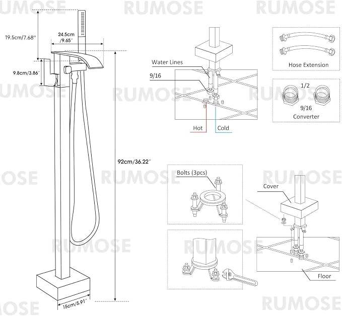 RUMOSE Tub Filler Freestanding Bathtub Faucet Polished Chrome Floor Mount Tub - Image 7