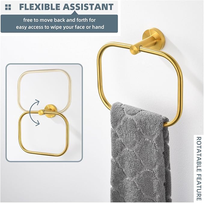 Angle Simple Square Towel Ring Brassy Gold, SUS 304 Stainless Steel Swivel Hand - Image 4