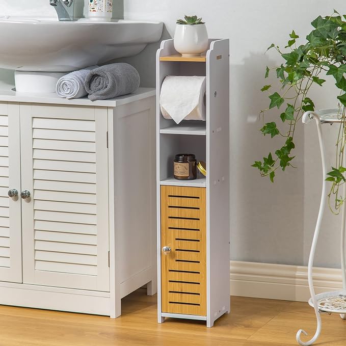 AOJEZOR Toilet Paper Holder Stand: Small Bathroom Storage Cabinet- White&Bamboo - Image 5