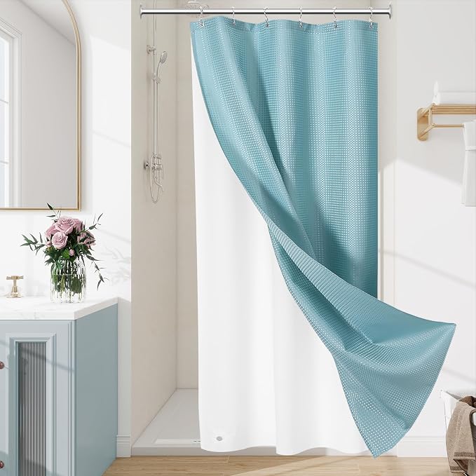 3 in 1 Stall Half Size Shower Curtain Set-36 W x 72 H, Teal Blue Waffle by Unknown