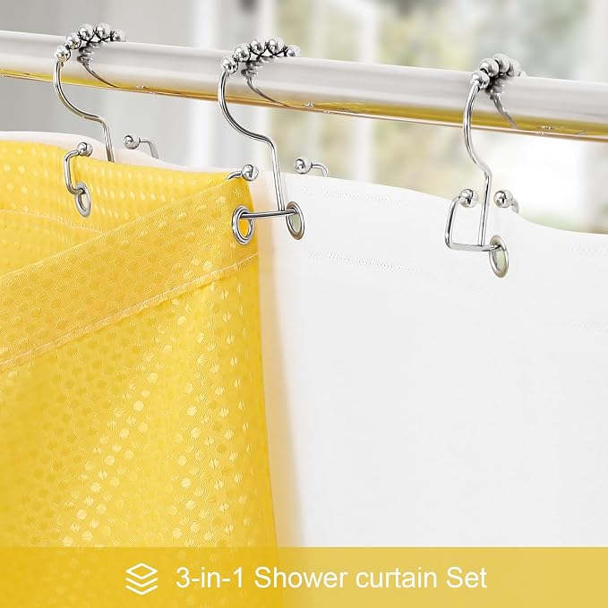 3 in 1 Long Yellow Shower Curtain Set-72 W x 78 H, Modern Waffle and PEVA Liner - Image 2