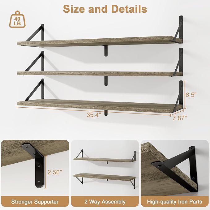 Fun Memories Floating Shelves for Wall, 36 Inches Long Set of 3 Wall Shelves - Image 3