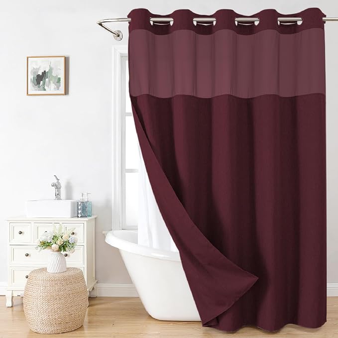 Long No Hooks Needed Linen Textured Shower Curtain by EACHOPE