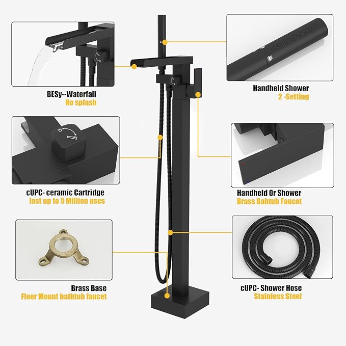 BESy Tub Filler Freestanding Bathtub Faucet Free Standing Tub Faucet Matte - Image 4