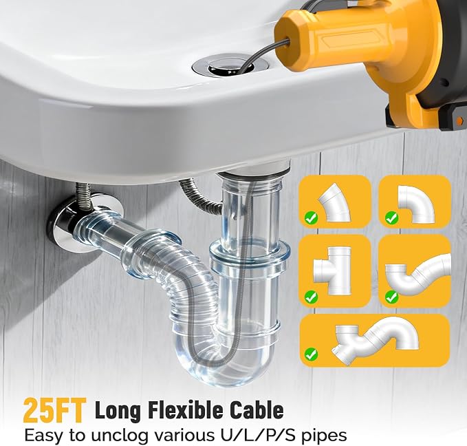 Electric Drain Auger, 21V Cordless Drain Snake, 25Ft Auto-Feed Snake Drain Hair - Image 4