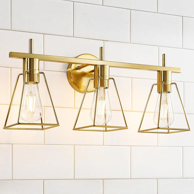 Industrial Bathroom Vanity Lights: 3 Lights Brushed Gold Vintage Metal Cage by HAHZT